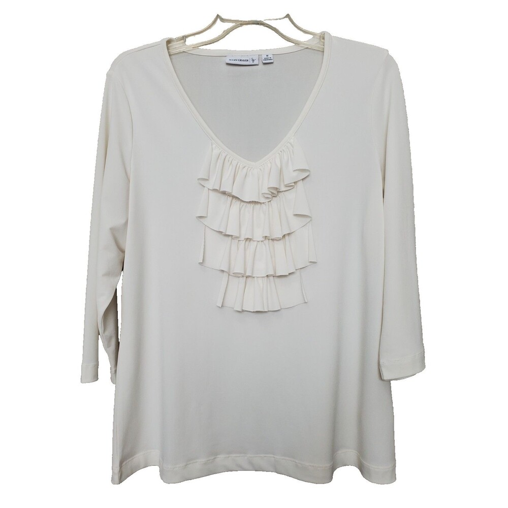 Susan Graver Off-White LiquidKnit 3/4 Sleeve V-Neck Top with Ruffle Front Size M